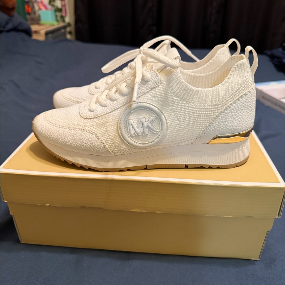 Michael Kors Cream Knit Sneakers with Gold Detail